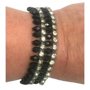 Vintage 4 Row Rhinestone Link and Black Crystal Silver Tone Bracelet